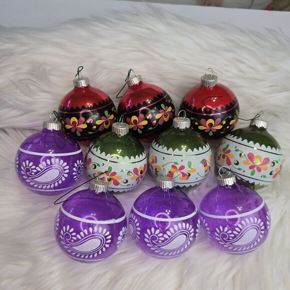 10 pc Vintage Martha Stewart Christmas Ornaments Paisley Purple Red Green - Picture 3 of 9